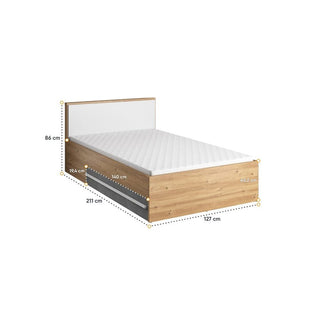 The CHOICEWARDROBE Peoria Sonoma Oak & White Small Double Bed with Storage Drawers (EU Size 120cm) is shown with white headboard, mattress, and dimensions: H86 cm, L211 cm, W127 cm, base height 40.2 cm, mattress area 194x140 cm.