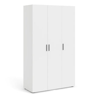 The CHOICEWARDROBE Perkin 3 Door Wooden Wardrobe in white finish features a modern minimalist design with smooth surfaces, black handles, a hanging rail, and storage shelves—ideal for stylish bedroom organization.