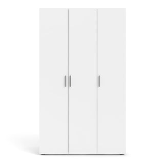 The CHOICEWARDROBE Perkin 3 Door Wooden Wardrobe in white features a modern minimalist design with straight lines, hanging rail, storage shelves, and silver handles—ideal for practical bedroom storage.
