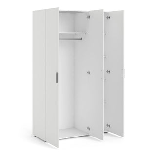 The CHOICEWARDROBE Perkin 3 Door Wooden Wardrobe in a white finish features a modern minimalist design with simple handles, two open doors revealing a hanging rail and upper shelf for spacious bedroom storage.