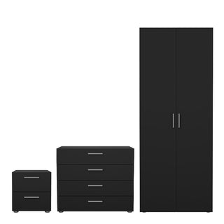 The CHOICEWARDROBE Perkin 3 Piece Bedroom Set includes a black 2-door wardrobe, 4-drawer chest, and bedside cabinet with modern silver handles, all arranged side by side against a white background.