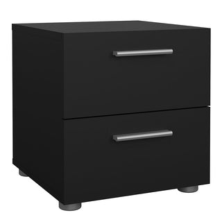 A black two-drawer nightstand with silver handles and short round feet, shown on a white background, complements the CHOICEWARDROBE Perkin 3 Piece Bedroom Furniture Set in black.