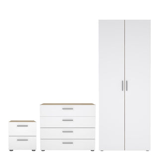 The CHOICEWARDROBE Perkin 3 Piece Bedroom Furniture Set features a white and oak finish, including a 2-door wardrobe, 4-drawer chest, and bedside table with metal handles in a modern minimalist design.