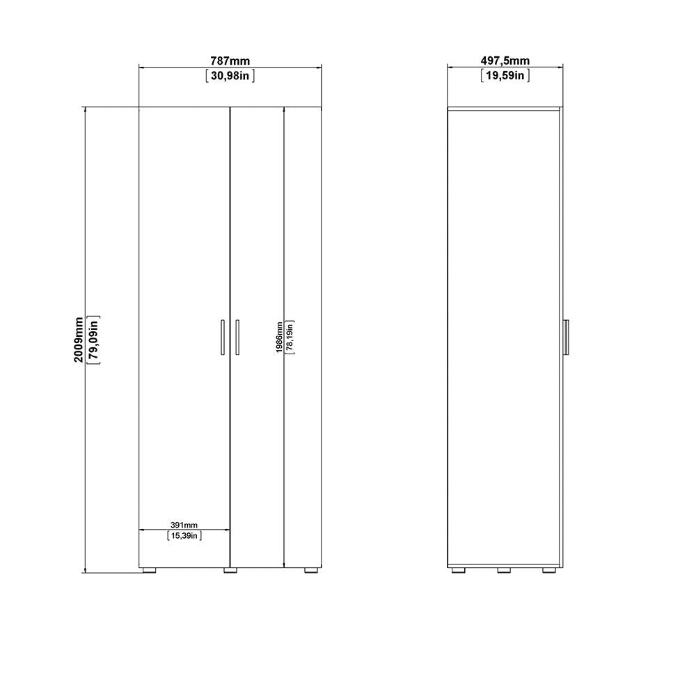 CHOICEWARDROBE 2-door wardrobe dimensions: 2009mm H x 787mm W x 497.5mm D, white & oak finish.
