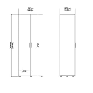 Technical line drawing of the CHOICEWARDROBE Perkin 3 Piece Bedroom Set's 2-door wardrobe, showing front and side views with measurements: 2000mm (78.7") height, 787mm (31") width, 497.5mm (19.6") depth, and 291.5mm (11.5") door width.