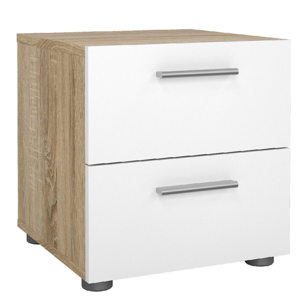 Modern white and oak bedside cabinet with metal handles from CHOICEWARDROBE Perkin bedroom furniture set.