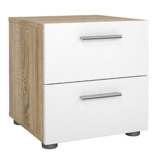 A modern, minimalist bedside table from the CHOICEWARDROBE Perkin 3 Piece Set features a white and oak finish with metal handles, part of a set including a 2 door wardrobe and 4 drawer chest.