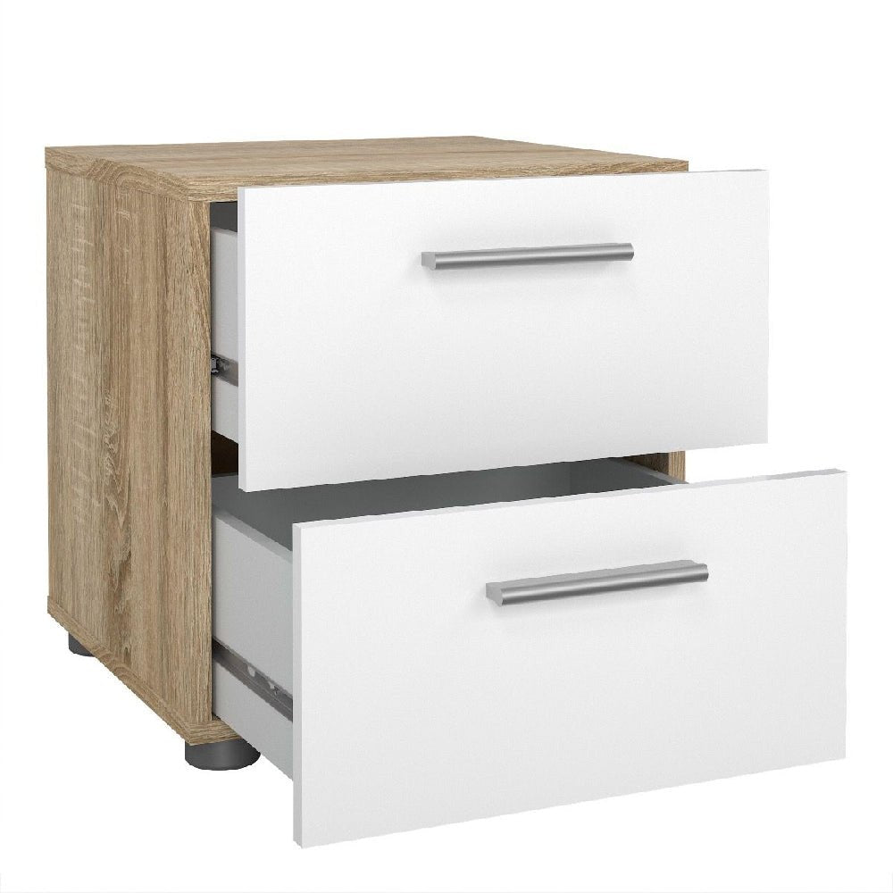 CHOICEWARDROBE Perkin nightstand: modern white and oak bedside table with 2 drawers and metal handles.