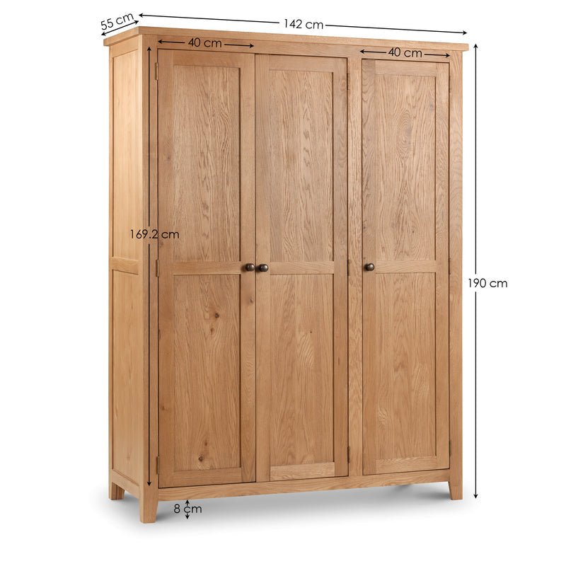 CHOICEWARDROBE Porsha 142cm three-door waxed oak wardrobe with handles and 8cm leg clearance