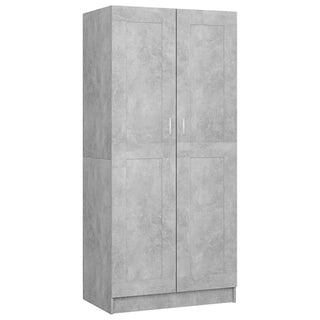 The CHOICEWARDROBE Portland 2 Door Wardrobe features a concrete effect finish, vertical handles, ample shelving, and a minimalistic industrial design in stylish gray.