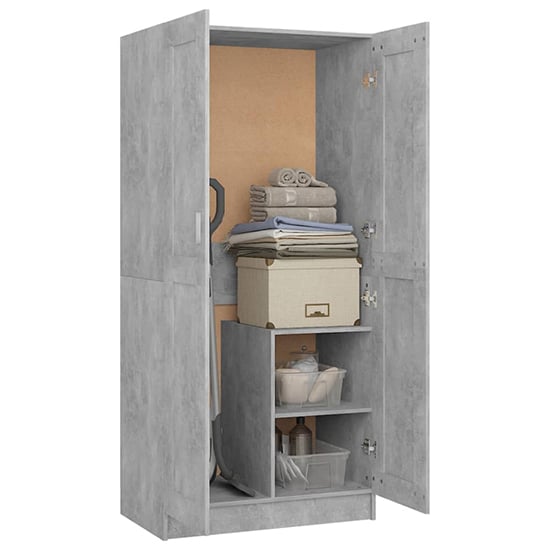 CHOICEWARDROBE Portland 2 door wardrobe in concrete grey finish, open showing shelves with towels, box, and storage bins.