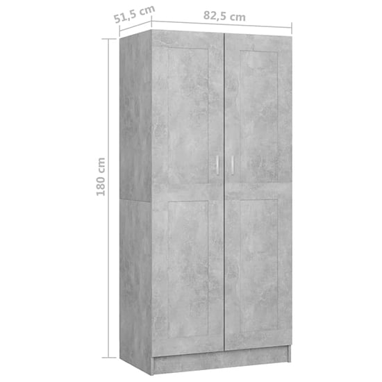 CHOICEWARDROBE Portland 2 door wardrobe in concrete grey finish, 180cm H x 82.5cm W x 51.5cm D.
