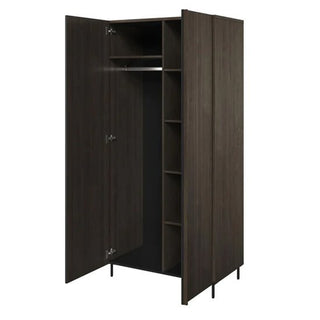 The CHOICEWARDROBE Prato 92cm 2 Door Wooden Wardrobe in Portland Ash finish features a hanging rail, top shelf, and five vertical side shelves on the right. It stands on four short legs with both doors opening wide for easy access.