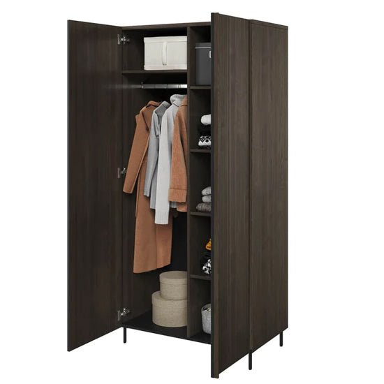 CHOICEWARDROBE 92cm 2-door Portland Ash wardrobe with open doors, hanging rail and visible shelves.
