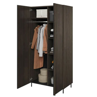 The CHOICEWARDROBE Prato 92cm 2 Door Wooden Wardrobe in Portland Ash shows open doors with coats hanging, shelves holding folded clothes, boxes, and accessories neatly inside. It stands elegantly on four black legs.