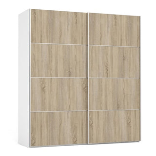 The CHOICEWARDROBE Preston Sliding Wardrobe features 2 doors, a sleek white & oak finish with shelves, offering stylish bedroom storage. Photographed against a plain white background.
