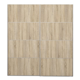 The CHOICEWARDROBE Preston Sliding Wardrobe features two doors in a stylish white and oak finish with shelves, perfect for bedroom storage.