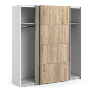 The CHOICEWARDROBE Preston Sliding Wardrobe features two doors in white and oak finish, with two open sections—each offering a hanging rod and shelf—for stylish, functional bedroom storage.