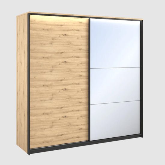 CHOICEWARDROBE Qesso 220cm sliding door wardrobe: artisan oak door and 3-section mirrored door with LED lighting.