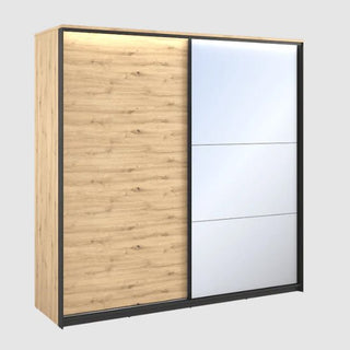 The CHOICEWARDROBE Qesso 220cm wardrobe features two sliding doors—one in artisan oak with a black frame, and the other a three-section mirrored panel—with integrated LED lighting.