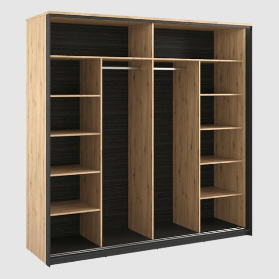 Oak effect 2-door sliding wardrobe with black frame, internal shelves and hanging rails.