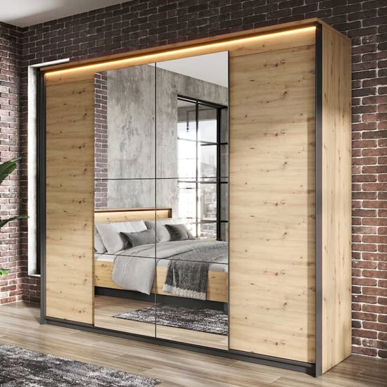 CHOICEWARDROBE 4-door hinged rustic oak wardrobe with mirrored front and black frame