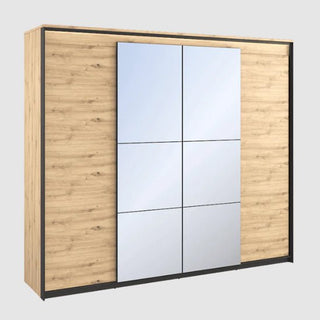 The CHOICEWARDROBE Qesso 4 Door Hinged Mirrored Wardrobe (250cm, Rustic Oak, LED Light, Black Frame) features six rectangular mirrored center panels and is shown against a plain grey background.