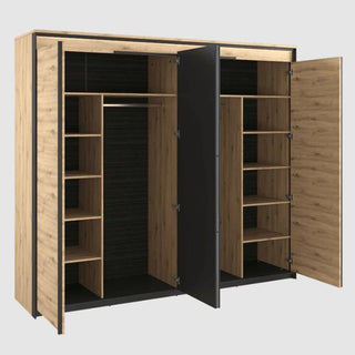 The CHOICEWARDROBE Qesso 4 Door Hinged Mirrored Wardrobe (250cm, Rustic Oak with LED Light & Black Frame) features open doors, multiple shelves, two hanging rods, and a mix of open/closed storage in a modern artisan design.