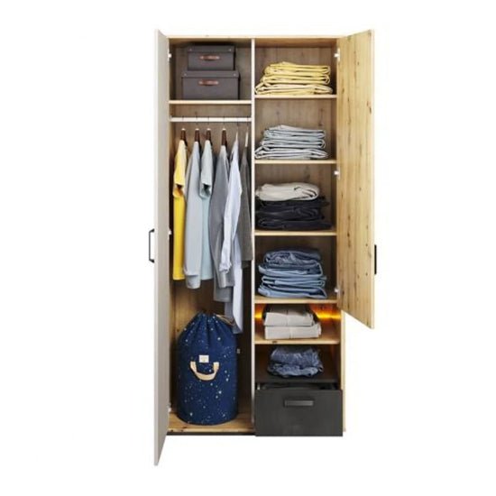 CHOICEWARDROBE 2 Door Kids Wardrobe oak & grey with LED lighting, hanging rail, shelves, and drawer storage.