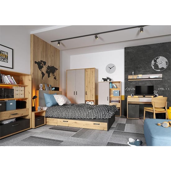 CHOICEWARDROBE Quincy 2-door kids wardrobe in Oak & Grey finish with LED lighting.