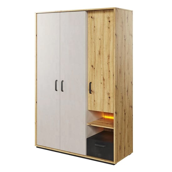 CHOICEWARDROBE Quincy 3-door wardrobe in artisan oak and white with LED lighting and open shelf.