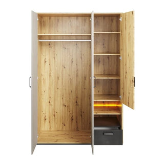 The CHOICEWARDROBE Quincy 3 Door Kids Wardrobe in artisan oak & white features warm LED lighting, shelves, a hanging rail, and a modern storage design—combining ample organization with an illuminated interior.