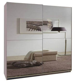 The CHOICEWARDROBE Quinn 2 Door Fully Mirrored Sliding Wardrobe in 180 cm gloss white offers a modern, space-saving design with double hanging rails—perfect for reflecting contemporary bedroom décor and style.