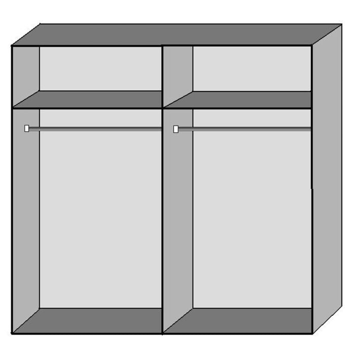 Line drawing of 180cm 2-door mirrored sliding wardrobe with two internal sections and hanging rails.