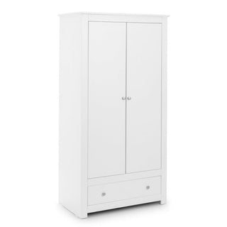 The CHOICEWARDROBE Raddix 2 Door Wardrobe in Surf White stands against a plain background, featuring silver handles, a hanging rail, and a bottom pull-out drawer for elegant bedroom storage (97cm width).