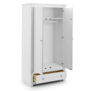 The CHOICEWARDROBE Raddix 2 Door Wardrobe with Drawer in Surf White features both doors open to reveal a hanging rail and an open bottom drawer, offering elegant, modern bedroom storage in a versatile 97cm-wide design.