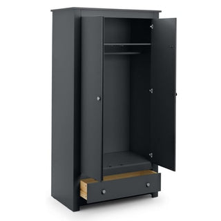 The CHOICEWARDROBE Radley 2 Door Wardrobe in anthracite grey features a compact 97cm design with an interior hanging rail and a lower drawer, offering versatile storage for your clothes and accessories.