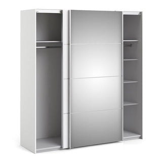 The CHOICEWARDROBE Reck I Mirrored Wardrobe features 2 sliding doors with a full mirror panel, a sleek modern design in white, spacious storage compartments with shelves, and hanging rods for versatile bedroom organization.