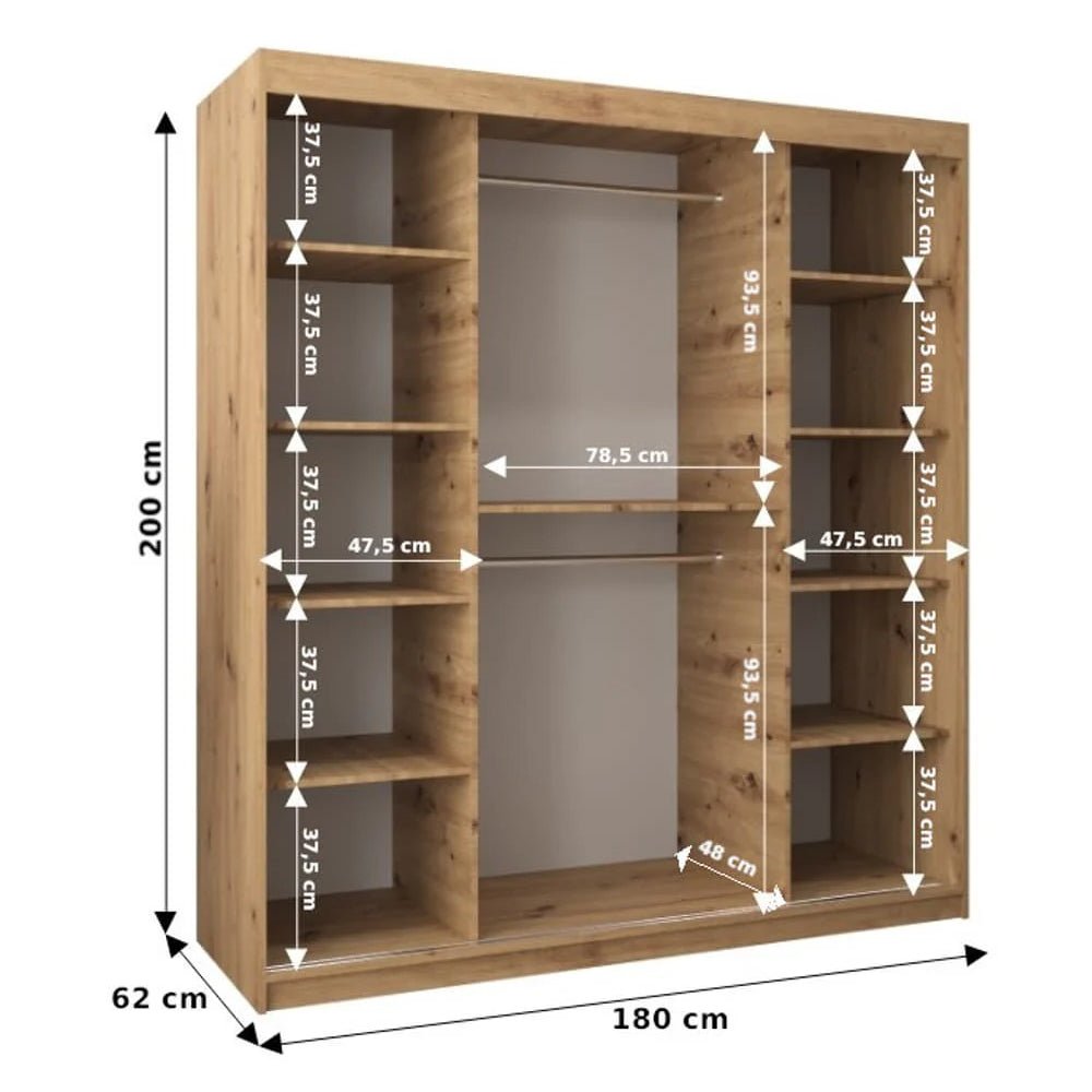 CHOICEWARDROBE Reston 180cm Sonoma Oak sliding door wardrobe with shelf dimensions labelled.