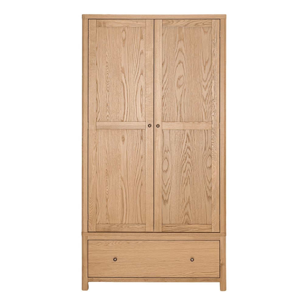 Natural oak two-door wardrobe with drawer and brushed metal handles