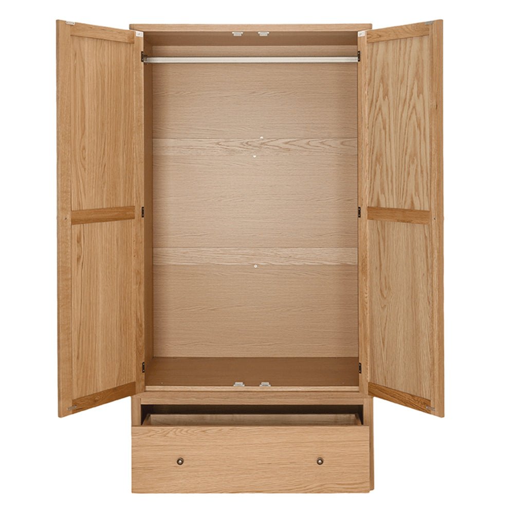 Natural oak two-door hinged wardrobe with hanging rail and drawer - 97cm wide