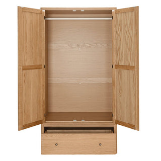 The CHOICEWARDROBE Reston 97cm Solid Oak 2 Door Wardrobe with Drawer features open doors revealing a hanging rail and a spacious bottom drawer—ideal classic wooden bedroom storage in a natural finish.
