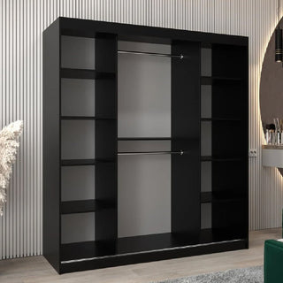 The CHOICEWARDROBE Reston Sliding Mirror Wardrobe features a sleek black finish, two sliding doors, and open shelving on both sides, creating a modern look against vertical white paneled walls. Width: 180cm.