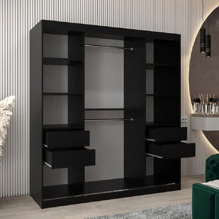 The CHOICEWARDROBE Reston Sliding Mirror Wardrobe, 2 doors and 180cm wide in a black finish, features two hanging rods, four open shelves, and four drawers, and is placed against a wall with vertical white lines in a modern room.