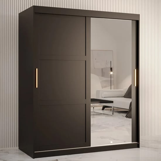 CHOICEWARDROBE matt black 2-door sliding wardrobe with gold handles and a mirrored door.