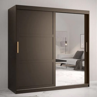 The CHOICEWARDROBE Rieti 2 Door Mirrored Sliding Wardrobe (180cm, Matt Black Finish) features a modern panelled design with gold handles and a full-length mirror—ideal for sleek bedroom storage in stylish, minimalist spaces.