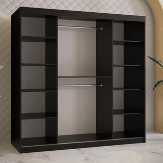 The CHOICEWARDROBE Rieti 2 Door Mirrored Sliding Wardrobe in 180cm matt black features a modern panelled design, gold handles, and a full-length mirror—offering stylish, practical bedroom storage.