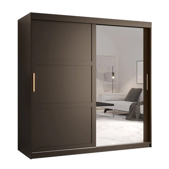 Matte black 180cm sliding door wardrobe with full-length mirror and gold handles