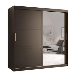 The CHOICEWARDROBE Rieti 2 Door Mirrored Sliding Wardrobe (180cm) features a modern matt black panelled design, gold handles, and a full-length mirror—offering stylish, practical storage for any contemporary bedroom.