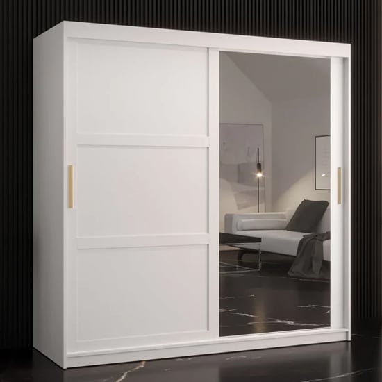 CHOICEWARDROBE Rieti 180cm two-door white sliding wardrobe with gold handles and mirrored door.